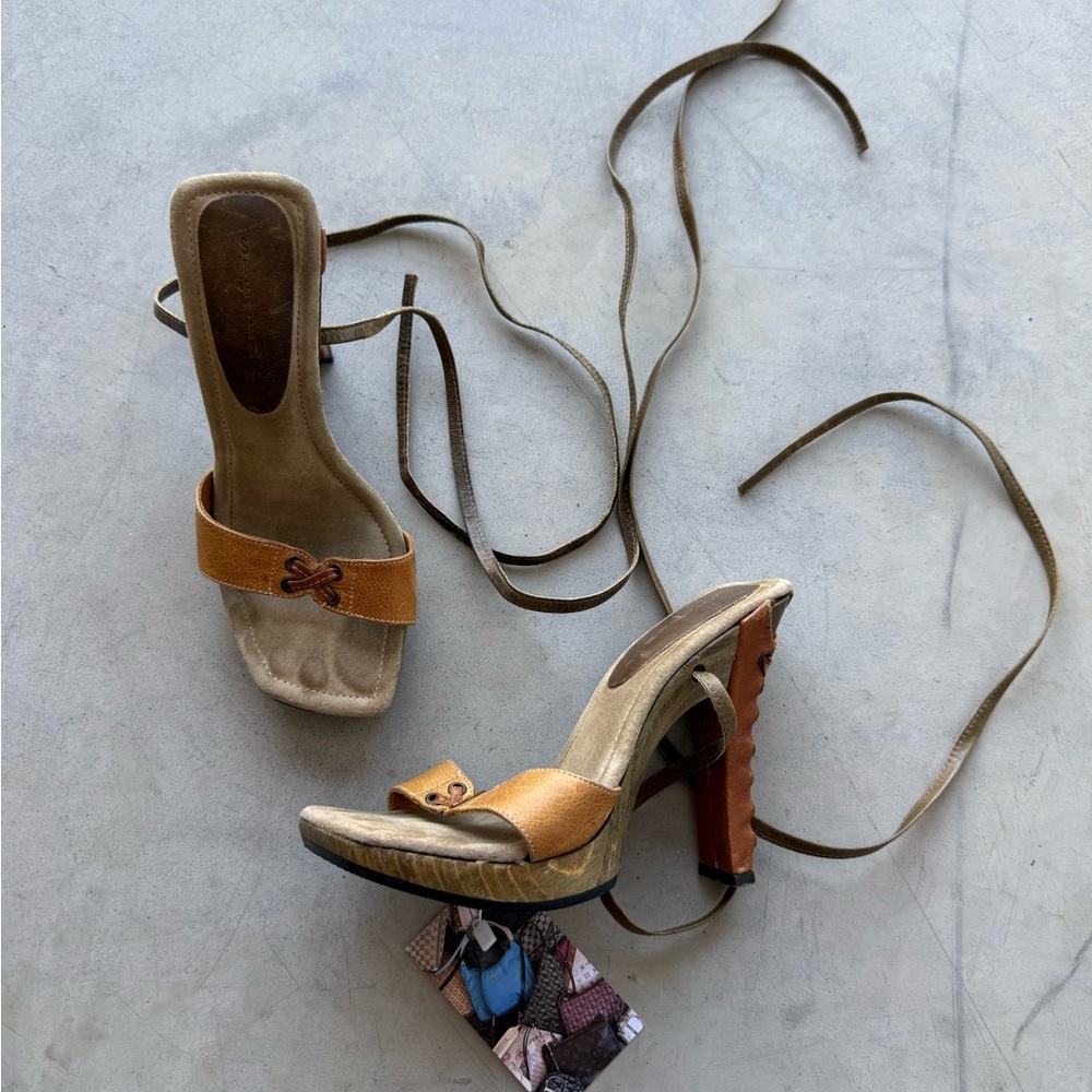 y2k leather wood lace up heels